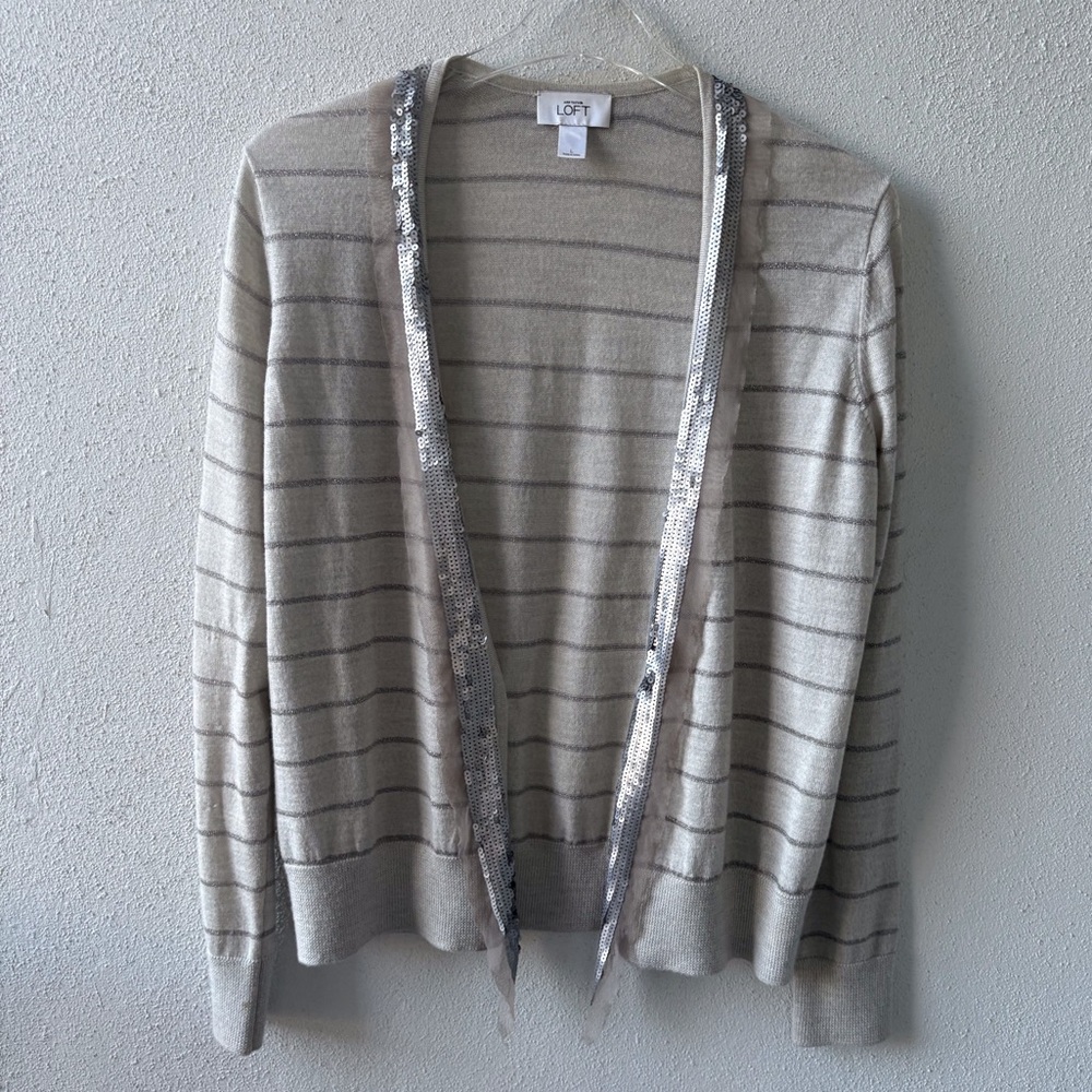 Loft Silver Gray‎ Open Cardigan Size Large Sequins Metallic Thread Ribbed Party